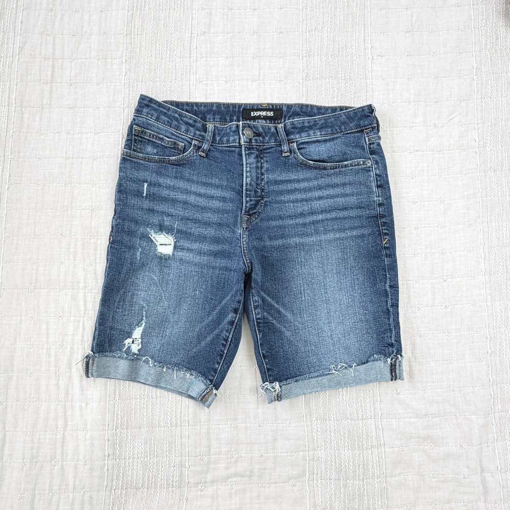 Express Denim Shorts Mens 32 Blue Slim Distressed Raw Hem Stretch Cut Off
